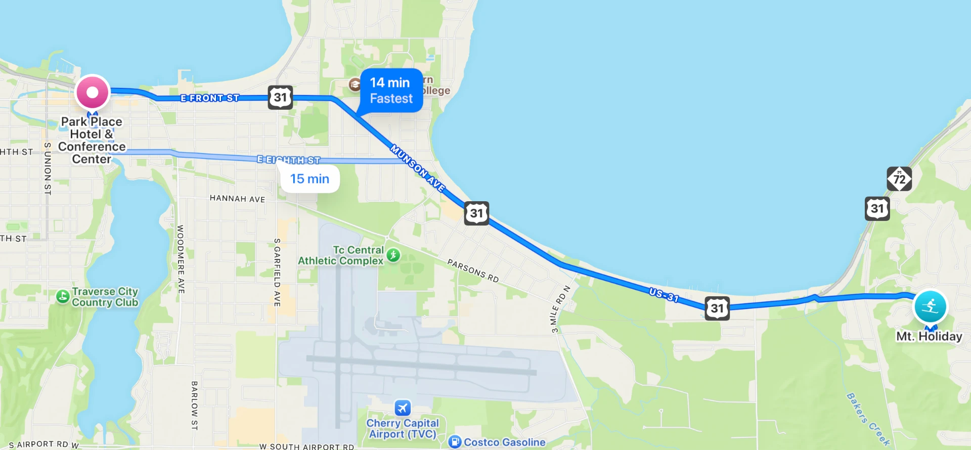 Map showing the driving route between Park Place Hotel & Conference Center in downtown Traverse City and Mt. Holiday