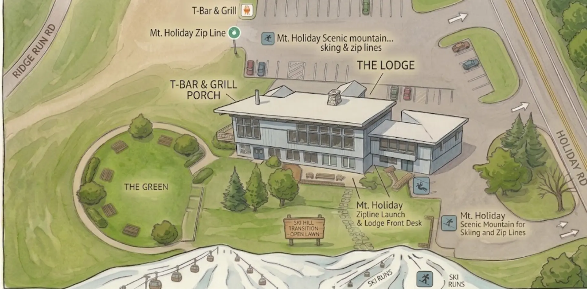 Illustrated site map of Mt. Holiday showing The Lodge, T-Bar & Grill Porch, The Green, the zip line launch, ski runs, and the surrounding grounds