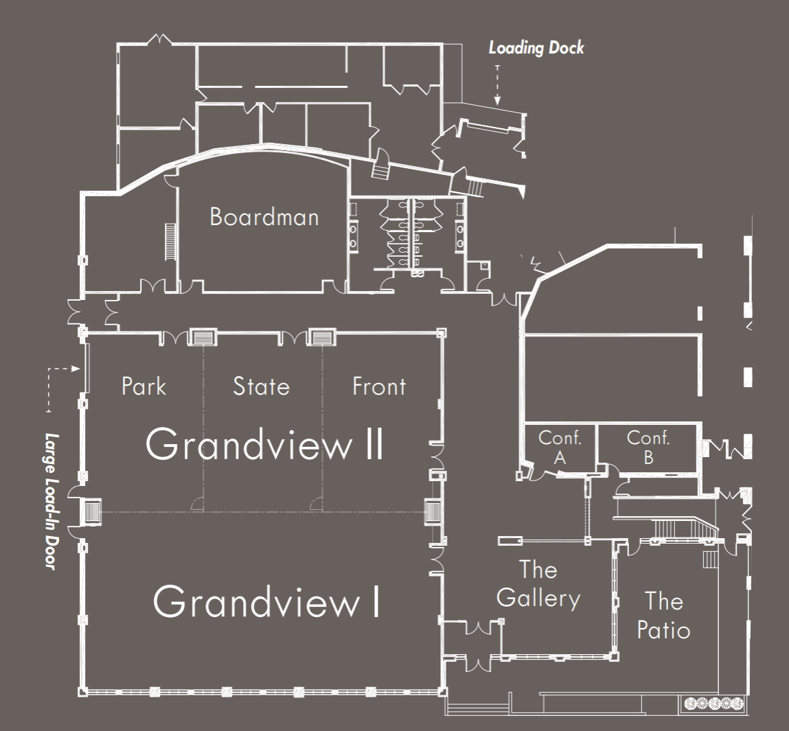 Park Place Hotel lower level floor plan showing Grandview I & II, Boardman, Conference Rooms A & B, the Gallery and the Patio