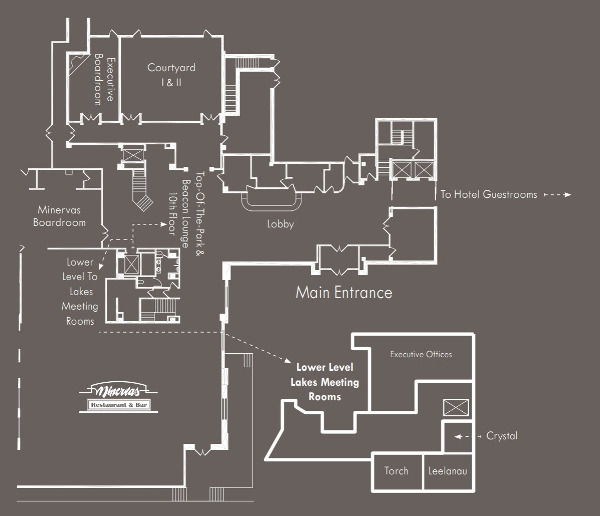 Park Place Hotel upper level floor plan showing the Main Entrance, Lobby, Minervas Boardroom, Courtyard, Top of the Park and Lower Level Lakes Meeting Rooms